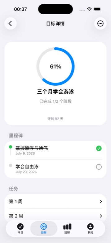 目标详情：进度环与阶段时间线